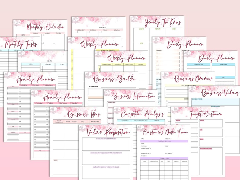 May include: A set of printable business planning worksheets with pink watercolor accents. The worksheets include sections for monthly calendar, weekly planner, daily planner, hourly planner, business builder, business information, business ideas, competitor analysis, target customer, value proposition, and customer order form.