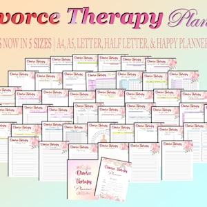 May include: A printable planner with a pink floral design and the text "Divorce Therapy Planner" in a pink and white font. The planner is available in five sizes: A4, A5, Letter, Half Letter, and Happy Planner Classic. The planner has 48 pages.