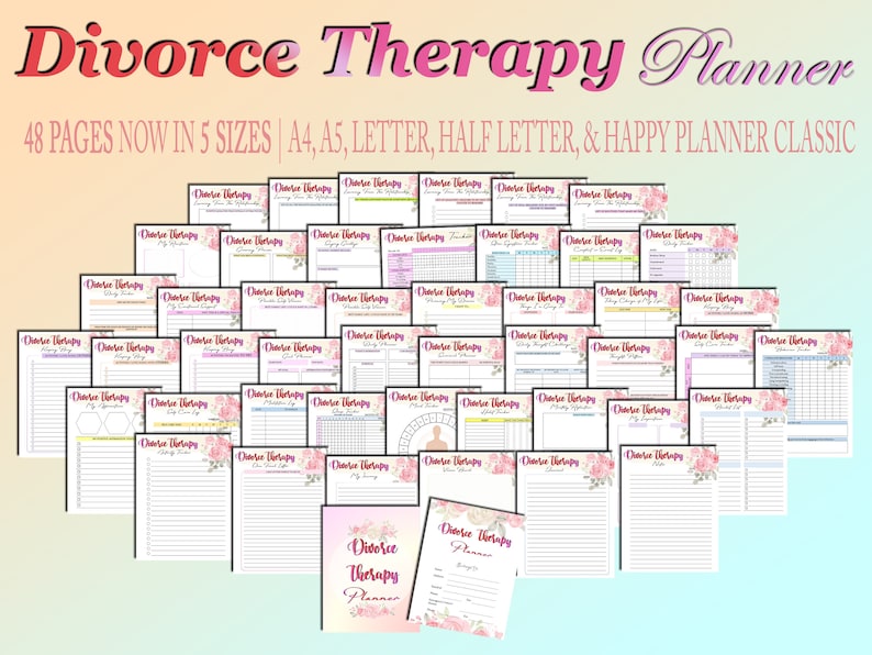 May include: A printable planner with a pink floral design and the text "Divorce Therapy Planner" in a pink and white font. The planner is available in five sizes: A4, A5, Letter, Half Letter, and Happy Planner Classic. The planner has 48 pages.