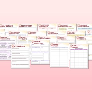 May include: A set of printable worksheets for self-help and mental health. The worksheets are designed to help with self-esteem, mindfulness, overcoming intrusive thoughts, and stress management. The worksheets are in a light pink and brown color scheme with a rainbow arch design.