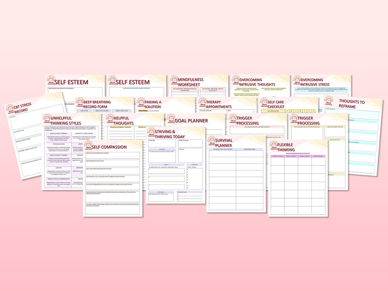 May include: A set of printable worksheets for self-help and mental health. The worksheets are designed to help with self-esteem, mindfulness, overcoming intrusive thoughts, and stress management. The worksheets are in a light pink and brown color scheme with a rainbow arch design.