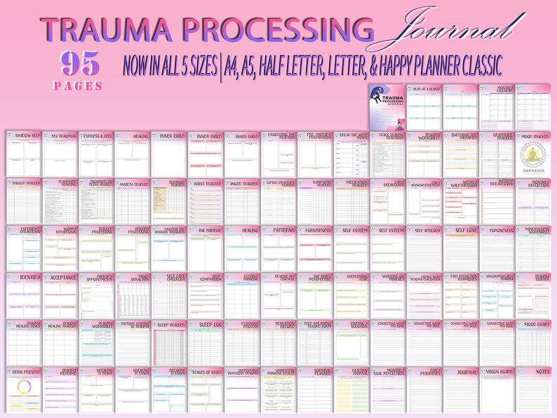 May include: A pink and white printable journal with the text "Trauma Processing Journal" and "95 Pages" in a bold, black font. The journal is designed to help people process trauma and includes a variety of prompts and exercises. The journal is available in five sizes: A4, A5, Half Letter, Letter, and Happy Planner Classic.