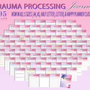 May include: A pink and white printable trauma processing journal with 95 pages. The journal includes pages for tracking moods, triggers, healing appointments, self-care, and more. The journal is available in five sizes: A4, A5, half letter, letter, and Happy Planner Classic.