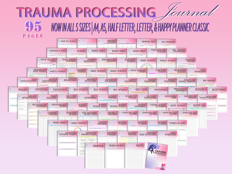 May include: A pink and white printable trauma processing journal with 95 pages. The journal includes pages for tracking moods, triggers, healing appointments, self-care, and more. The journal is available in five sizes: A4, A5, half letter, letter, and Happy Planner Classic.
