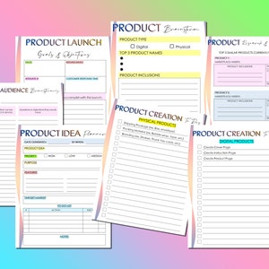 May include: A set of printable worksheets for product development and launch. The worksheets are organized into sections for brainstorming, product creation, audience analysis, and product idea planning. The worksheets are designed to help entrepreneurs and business owners develop and launch successful products.