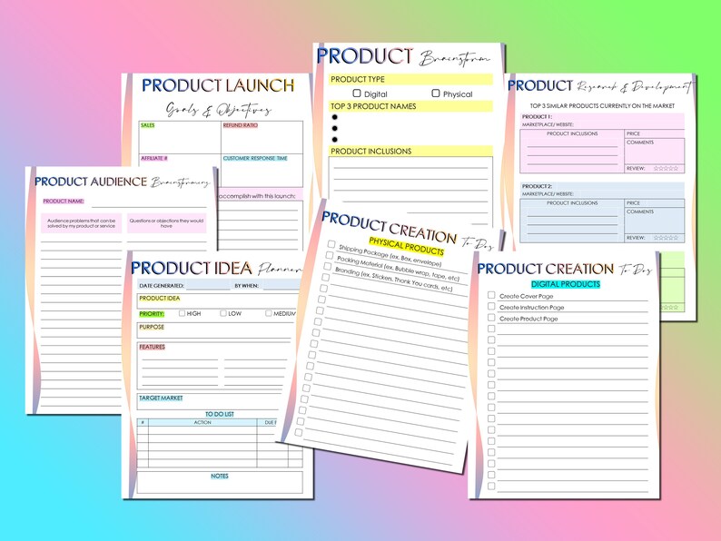 May include: A set of printable worksheets for product development and launch. The worksheets are organized into sections for brainstorming, product creation, audience analysis, and product idea planning. The worksheets are designed to help entrepreneurs and business owners develop and launch successful products.