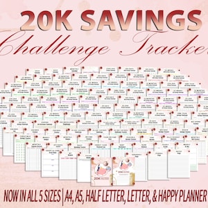 May include: A collection of 121 printable pages for a 20K savings challenge tracker. The pages are organized in a grid pattern and feature various designs and layouts. The text "20K SAVINGS Challenge Tracker" is displayed in large, bold letters at the top of the image.
