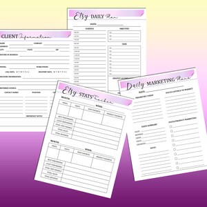 May include: Three printable Etsy shop planner pages with pink watercolor accents. The pages include sections for client information, daily marketing plans, and Etsy stats tracking.