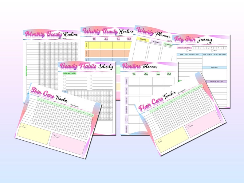 May include: A set of printable beauty routine planners with colorful gradients. The planners include a monthly beauty routine, weekly beauty routine, weekly planner, beauty habits activity, routine planner, skin care tracker, and hair care tracker. The planners are designed to help you track your beauty routine and progress.