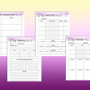 May include: Four printable Etsy shop planner pages with a pink and purple watercolor background. The pages include sections for holiday marketing ideas, monthly goals, annual goals, and weekly plans.