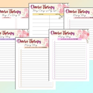 May include: Five printable worksheets with floral borders and text that reads "Divorce Therapy". The worksheets are titled "Things I'm Going To", "Taking Charge of My Life", "Keeping Busy", "Keeping Busy", and "Keeping Busy".