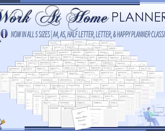 May include: A black and white printable planner with the text "Work At Home Planner" and "100 Pages" in a decorative font. The planner is available in five sizes: A4, A5, Half Letter, Letter, and Happy Planner Classic.