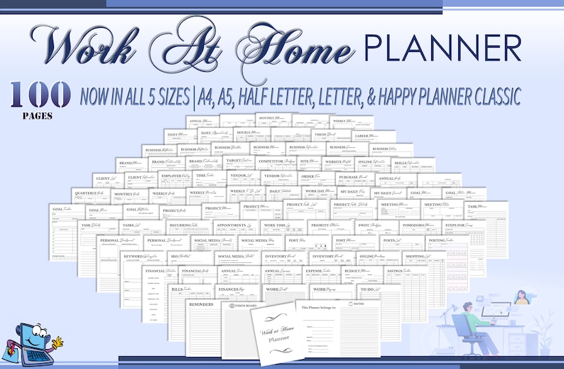 Puede incluir: Un planificador imprimible en blanco y negro con el texto "Work At Home Planner" y "100 Pages" en una fuente decorativa. El planificador est&aacute; disponible en cinco tama&ntilde;os: A4, A5, Half Letter, Letter y Happy Planner Classic.