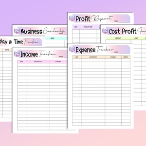 May include: A set of printable business and financial trackers with pastel pink, blue, and yellow accents. The trackers include a profit report, cost profit form, income tracker, expense tracker, ideal day and time tracker, and business contacts.
