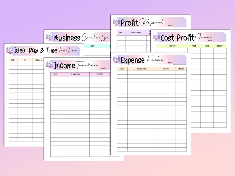 May include: A set of printable business and financial trackers with pastel pink, blue, and yellow accents. The trackers include a profit report, cost profit form, income tracker, expense tracker, ideal day and time tracker, and business contacts.