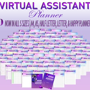 May include: A collection of 100 printable planner pages for virtual assistants. The pages are organized in a grid pattern and feature titles such as "Annual Planner", "Weekly Planner", "Daily Planner", "Meeting Notes", "Project Timeline", "Budget Plan", "Sales Tracker", "Income Tracker", "Expense Tracker", "Savings Tracker", "Debt Worksheet", "Task Reminders", and "Notes". The pages are printed on white paper with black text and colorful borders.
