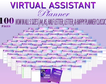 May include: A collection of 100 printable planner pages for virtual assistants. The pages are organized in a grid pattern and feature titles such as "Annual Planner", "Weekly Planner", "Daily Planner", "Meeting Notes", "Project Timeline", "Budget Plan", "Sales Tracker", "Income Tracker", "Expense Tracker", "Savings Tracker", "Debt Worksheet", "Task Reminders", and "Notes". The pages are printed on white paper with black text and colorful borders.