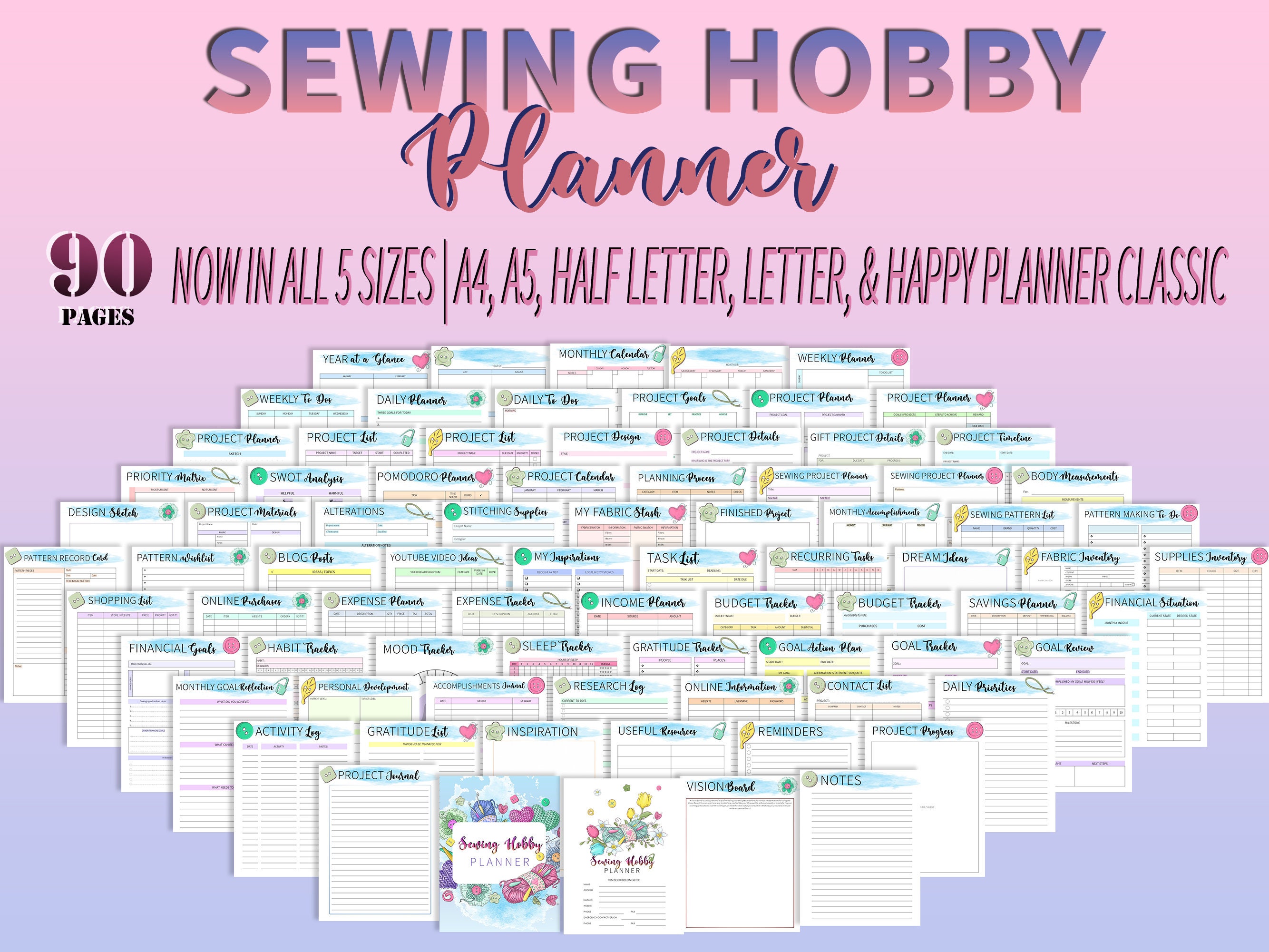 Sewing Planner Journal Notebook Organizer Fashion Design Seamstress Fabric Craft Patterns Journal Project Hobby Printable Classic Happy