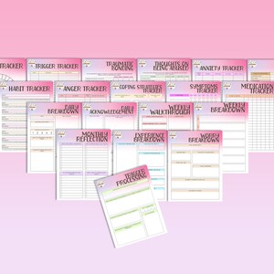 May include: A set of printable mental health trackers in pink, blue, and green. The trackers include mood, trigger, habit, anger, trauma bonding, thoughts on being abused, anxiety, symptoms, medication, weekly breakdown, worry breakdown, experience breakdown, daily acknowledgement, daily engagement, monthly reflection, and trigger processing.