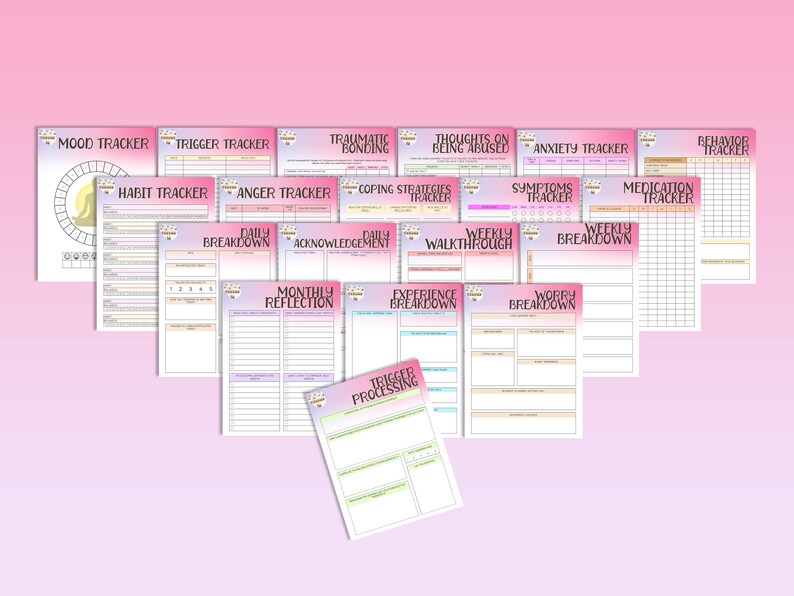 May include: A set of printable mental health trackers in pink, blue, and green. The trackers include mood, trigger, habit, anger, trauma bonding, thoughts on being abused, anxiety, symptoms, medication, weekly breakdown, worry breakdown, experience breakdown, daily acknowledgement, daily engagement, monthly reflection, and trigger processing.