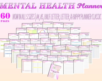 May include: A collection of 60 printable pages for a mental health planner. The pages are organized in a grid pattern and feature various sections for tracking mood, sleep, water intake, and other aspects of mental well-being. The planner is available in five sizes: A4, A5, Half Letter, Letter, and Happy Planner Classic.