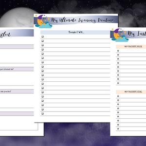 Puede incluir: P&aacute;ginas de planificador imprimibles con un tema de luna y estrellas. Las p&aacute;ginas incluyen secciones para reflexionar sobre el d&iacute;a, planificar una rutina nocturna y crear un impulso de &aacute;nimo instant&aacute;neo.