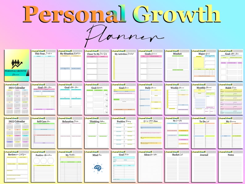 May include: A printable personal growth planner with colorful pages and sections for goals, daily, weekly, monthly, and habit tracking. The planner includes sections for self-care, relaxation, thinking, positive thinking, and more.