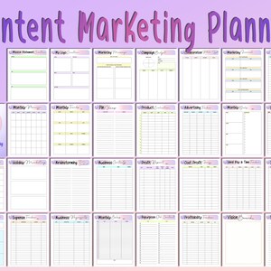 May include: A printable content marketing planner with a purple and pink background. The planner includes sections for mission statement, monthly calendar, pin plans, product evaluation, advertising tracker, social media scheduling, holiday marketing, brainstorming, business contacts, profit report, cost profit, ideal pay and time, income tracker, post content, expense tracker, business progress, monthly sales, repurpose, profitability tracker, vision board, and notes.
