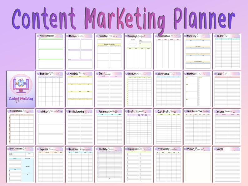 May include: A printable content marketing planner with a purple and pink background. The planner includes sections for mission statement, monthly calendar, pin plans, product evaluation, advertising tracker, social media scheduling, holiday marketing, brainstorming, business contacts, profit report, cost profit, ideal pay and time, income tracker, post content, expense tracker, business progress, monthly sales, repurpose, profitability tracker, vision board, and notes.
