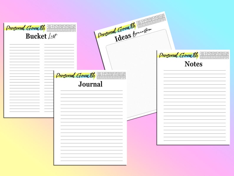 May include: Four printable pages with lined paper and the text "Personal Growth" at the top of each page. The pages are labeled "Bucket List", "Ideas Brainstorm", "Journal", and "Notes".