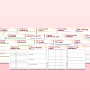 May include: A set of printable worksheets for self-improvement and mental health. The worksheets include titles such as "My Happy Place", "Beyond My Control", "Sobriety Check-In", "Avoidance Hierarchy", "The Quick Perspective", "Boundaries in Recovery", "100 Days of Productivity", "Overcoming Fear", "Working on Mindset", "SUDS Thermometer", "Self Care Calendar", "Daily Reflection", "Stress Breakdown Event", "Letting Go of Stress", "Weekly Reaction Result", "Uncontrollable Stressors", "My Happiness", "Thought Analysis", "Stress Buster", and "Weekly Triggers Breakdown".