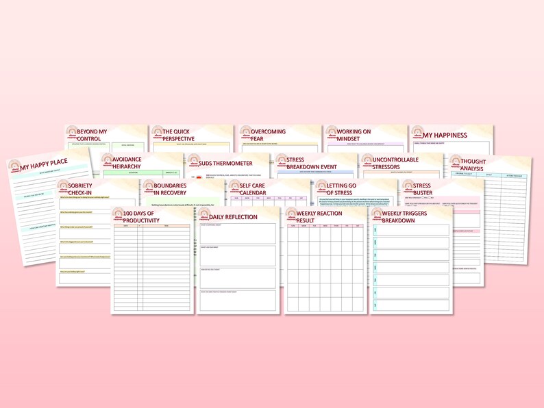 May include: A set of printable worksheets for self-improvement and mental health. The worksheets include titles such as "My Happy Place", "Beyond My Control", "Sobriety Check-In", "Avoidance Hierarchy", "The Quick Perspective", "Boundaries in Recovery", "100 Days of Productivity", "Overcoming Fear", "Working on Mindset", "SUDS Thermometer", "Self Care Calendar", "Daily Reflection", "Stress Breakdown Event", "Letting Go of Stress", "Weekly Reaction Result", "Uncontrollable Stressors", "My Happiness", "Thought Analysis", "Stress Buster", and "Weekly Triggers Breakdown".