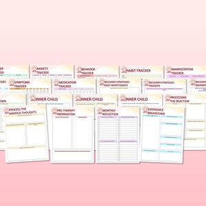 May include: A set of printable mental health trackers with titles such as "Trigger Tracker", "Anxiety Tracker", "Coping Strategies Tracker", "Symptoms Tracker", "Inner Child", "Pre-Therapy Preparation", "Monthly Reflection", "Habit Tracker", "Recovery Strategies", "Manifestation Tracker", "Processing the Reaction", "Experience Breakdown", "Worry Breakdown", "Process the Anxious Thoughts", "Medication Tracker", "Behavior Tracker", and "Recovery Strategies Warning Signs".