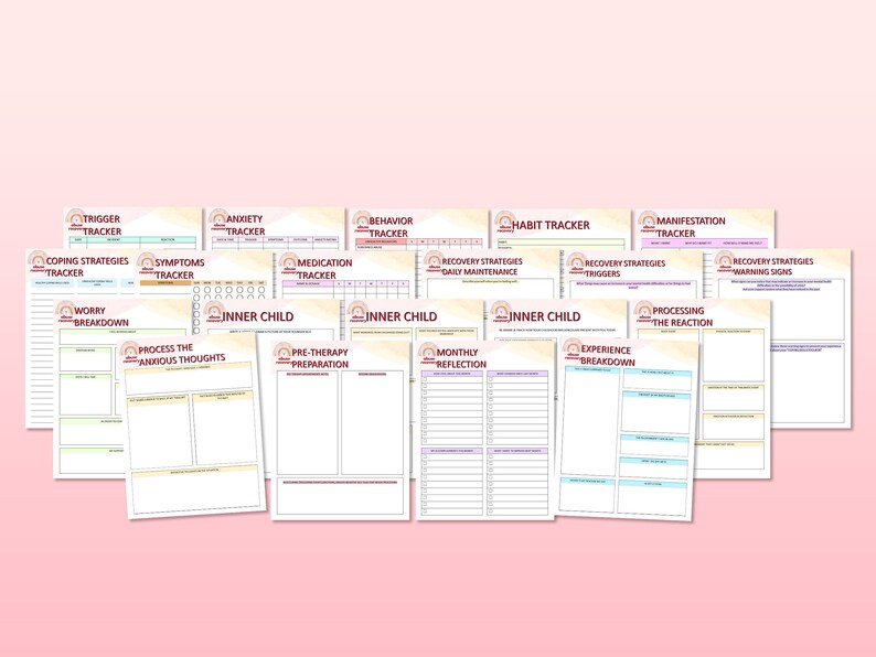 May include: A set of printable mental health trackers with titles such as "Trigger Tracker", "Anxiety Tracker", "Coping Strategies Tracker", "Symptoms Tracker", "Inner Child", "Pre-Therapy Preparation", "Monthly Reflection", "Habit Tracker", "Recovery Strategies", "Manifestation Tracker", "Processing the Reaction", "Experience Breakdown", "Worry Breakdown", "Process the Anxious Thoughts", "Medication Tracker", "Behavior Tracker", and "Recovery Strategies Warning Signs".