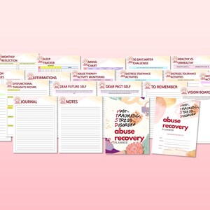 May include: A set of printable worksheets for abuse recovery. The worksheets include sections for monthly reflection, sleep tracker, mood chart, abuse therapy activity monitoring, 30 days water challenge, distress tolerance activities, dysfunctional thoughts record, affirmations, dear future self, dear past self, to remember, vision board, journal, and notes. The worksheets are designed to help people recover from abuse and trauma.