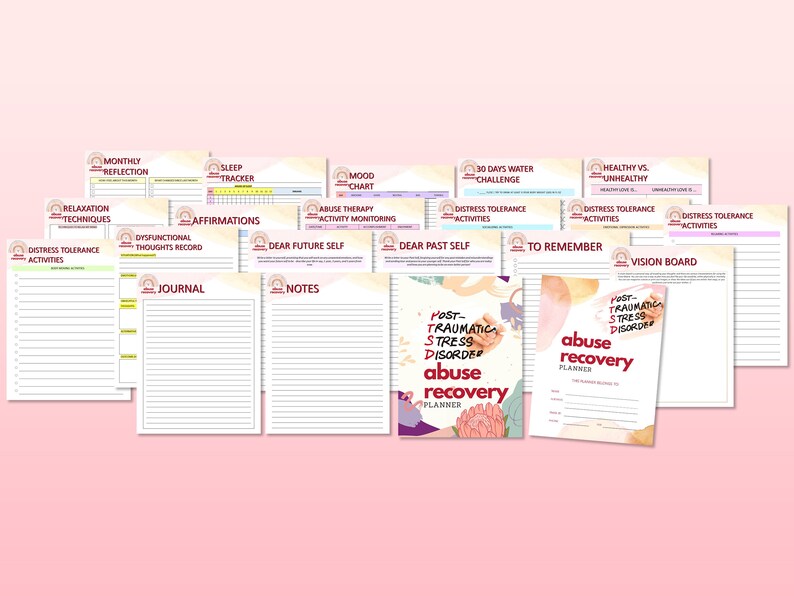 May include: A set of printable worksheets for abuse recovery. The worksheets include sections for monthly reflection, sleep tracker, mood chart, abuse therapy activity monitoring, 30 days water challenge, distress tolerance activities, dysfunctional thoughts record, affirmations, dear future self, dear past self, to remember, vision board, journal, and notes. The worksheets are designed to help people recover from abuse and trauma.