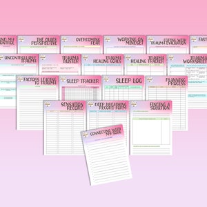 May include: A set of printable worksheets designed to help with trauma recovery. The worksheets include titles such as "Beyond My Control", "The Quick Perspective", "Overcoming Fear", "Working on Mindset", "Trauma Coping with Evaluation", "Fast Reduction Techniques", "Uncontrollable Trauma", "Trauma Buster", "Healing Goals", "Healing Tracker", "Factors Leading to Trauma", "Sleep Tracker", "Sleep Log", "Planning Process", "Trauma Worksheet", "Sensation Record", "Deep Breathing Record Form", "Finding a Solution", and "Connecting with My Soul".