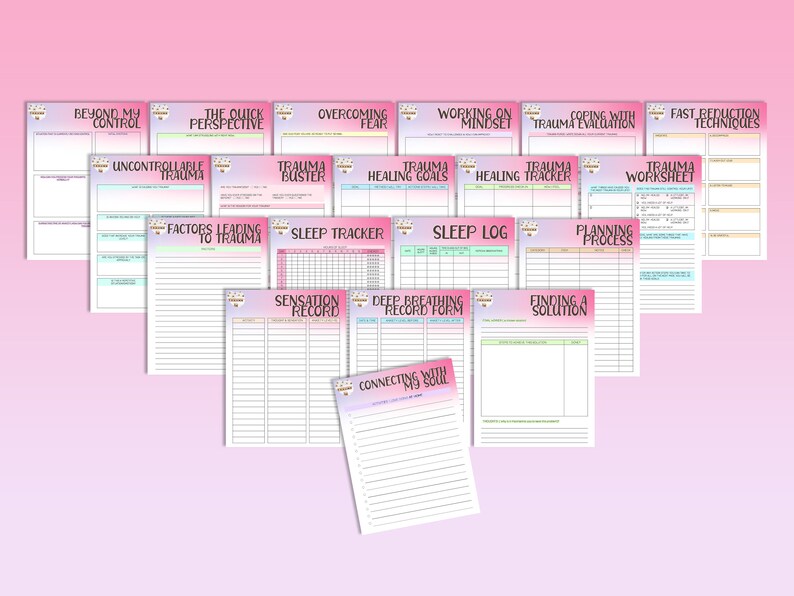 May include: A set of printable worksheets designed to help with trauma recovery. The worksheets include titles such as "Beyond My Control", "The Quick Perspective", "Overcoming Fear", "Working on Mindset", "Trauma Coping with Evaluation", "Fast Reduction Techniques", "Uncontrollable Trauma", "Trauma Buster", "Healing Goals", "Healing Tracker", "Factors Leading to Trauma", "Sleep Tracker", "Sleep Log", "Planning Process", "Trauma Worksheet", "Sensation Record", "Deep Breathing Record Form", "Finding a Solution", and "Connecting with My Soul".