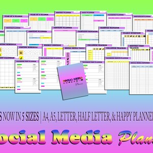 May include: A set of 30 printable social media planner pages in five sizes: A4, A5, Letter, Half Letter, and Happy Planner Classic. The pages are designed to help you plan and track your social media content, including content calendars, posting schedules, follower trackers, and more.