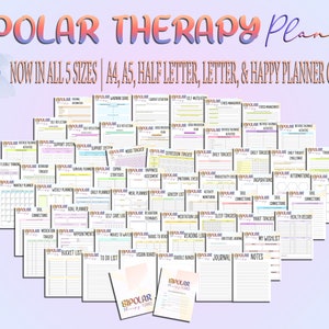 May include: A collection of 65 printable planner pages designed for people with bipolar disorder. The pages feature a variety of colorful designs and include trackers for mood, sleep, medication, activities, and more. The text "BIPOLAR THERAPY Planner" is displayed at the top of the image.