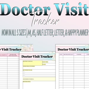 Peut inclure: Un suivi de visite chez le médecin imprimable en trois pages, avec un motif floral et une palette de couleurs rose et bleue. Le suivi comprend des sections pour la date, le médecin, l'hôpital, la raison de la visite, le diagnostic, la spécialité du médecin, le but et le résumé des résultats.