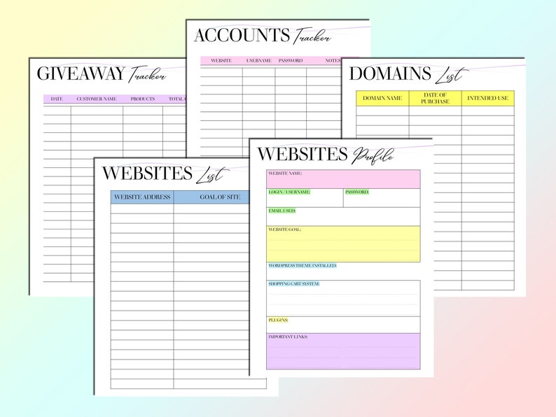 Puede incluir: Un conjunto de hojas de c&aacute;lculo imprimibles para organizar cuentas en l&iacute;nea, sitios web y dominios. Las hojas de c&aacute;lculo incluyen secciones para la direcci&oacute;n del sitio web, el objetivo del sitio, el nombre de dominio, la fecha de compra, el uso previsto, el nombre del sitio web, el nombre de usuario de inicio de sesi&oacute;n, la contrase&ntilde;a, la direcci&oacute;n de correo electr&oacute;nico, el objetivo del sitio web, el tema de WordPress instalado, el sistema de carrito de compras, los complementos y los enlaces importantes.