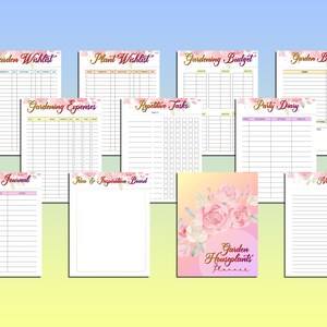 Puede incluir: Un planificador de jard&iacute;n imprimible con ilustraciones florales. El planificador incluye p&aacute;ginas para una lista de deseos de jard&iacute;n, una lista de deseos de plantas, un presupuesto de jardiner&iacute;a, un presupuesto de jard&iacute;n, gastos de jardiner&iacute;a, tareas repetitivas, un diario de fiestas, un diario de jard&iacute;n, ideas y un tablero de inspiraci&oacute;n, y notas.