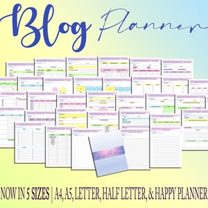 Può includere: Un set di 36 pagine stampabili per un planner di blog in cinque formati: A4, A5, Letter, Half Letter e Happy Planner Classic. Le pagine sono progettate con uno schema di colori rosa chiaro, blu e giallo.