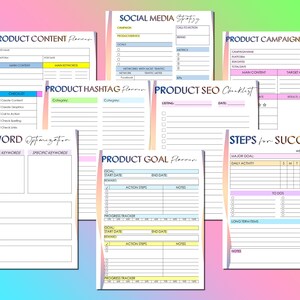 May include: A set of printable planner pages with a rainbow gradient background. The pages include sections for product content planning, keyword optimization, product hashtag planning, product SEO checklist, product campaign management, product goal planning, and steps for success.