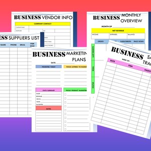 Puede incluir: Un conjunto de p&aacute;ginas de planificaci&oacute;n empresarial imprimibles con encabezados coloridos y dise&ntilde;os de cuadr&iacute;cula. Las p&aacute;ginas incluyen secciones para informaci&oacute;n de proveedores, listas de proveedores, planes de marketing, resumen mensual y seguimiento de ventas.