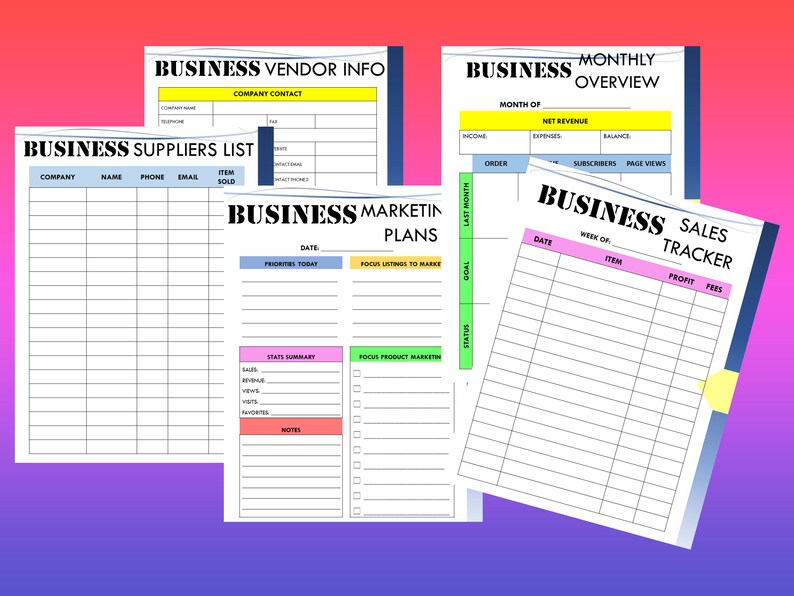 Puede incluir: Un conjunto de p&aacute;ginas de planificaci&oacute;n empresarial imprimibles con encabezados coloridos y dise&ntilde;os de cuadr&iacute;cula. Las p&aacute;ginas incluyen secciones para informaci&oacute;n de proveedores, listas de proveedores, planes de marketing, resumen mensual y seguimiento de ventas.
