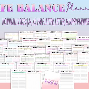 May include: A collection of 36 printable pages for a life balance planner. The pages are designed in a pink and white color scheme with a variety of sections for tracking goals, finances, habits, and more. The text "LIFE BALANCE PLANNER" is displayed in a large, pink font at the top of the image.