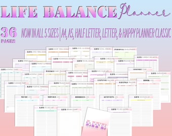 Life Balance Planner Self Care Self Improvement Journal Personal Development Goal Setting Printable Digital Download Binder Classic Happy PD
