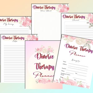 May include: A set of printable planners and journals for divorce therapy. The pages are decorated with pink floral designs. The titles include "Divorce Therapy Vision Board", "Divorce Therapy Journal", "Divorce Therapy Notes", and "Divorce Therapy Planner".